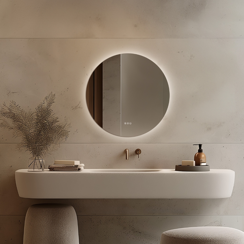 Product Lifestyle Photo of Origins Living Claris 800mm x 800mm Round Mirror hanging on a wall in front of a sink.
